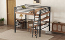 Metal Full Size Loft Bed with Built-in Desk, Storage Shelf and Ladder, Black
