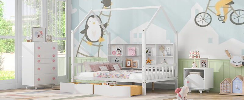 Wooden Full Size House Bed with 2 Drawers,Kids Bed with Storage Shelf, White(Expected Arrival Time: 5.15)