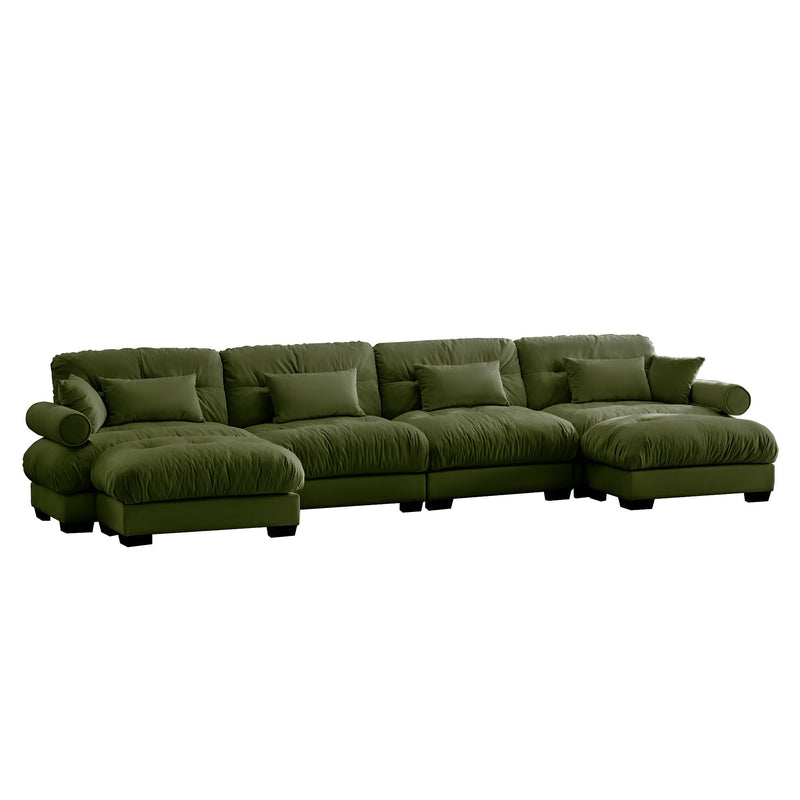Modern Sectional Sofa With Ottoman, Round Bolster Armrests, Waist And Throw Pillows