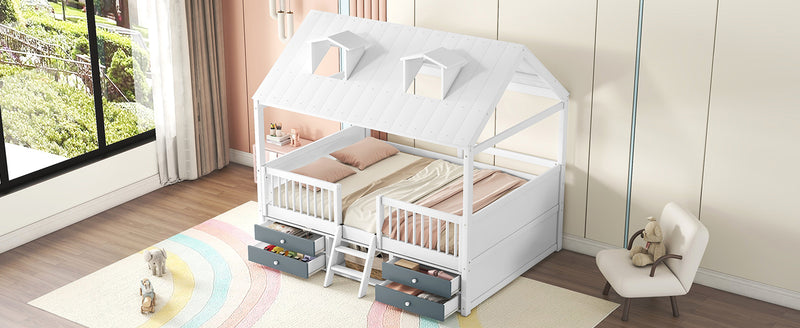 Full Size Wood Bed House Bed Frame,White