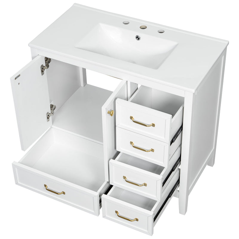 Elegant Vintage Bathroom Vanity With Sink And Soft Closing Door, 4 Drawers Of Different Sizes Frame