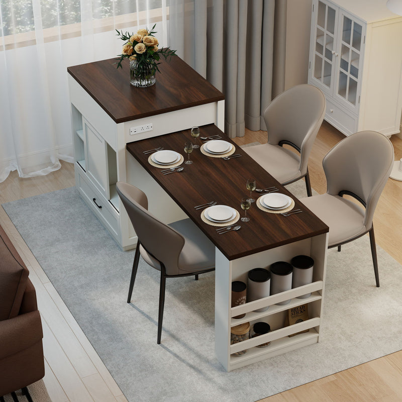 Extendable Kitchen Island With Slide Out Table And Storage Racks For 2 - 6 Person, Power Outlet, Bar, Prep Station - Creamy White / Walnut