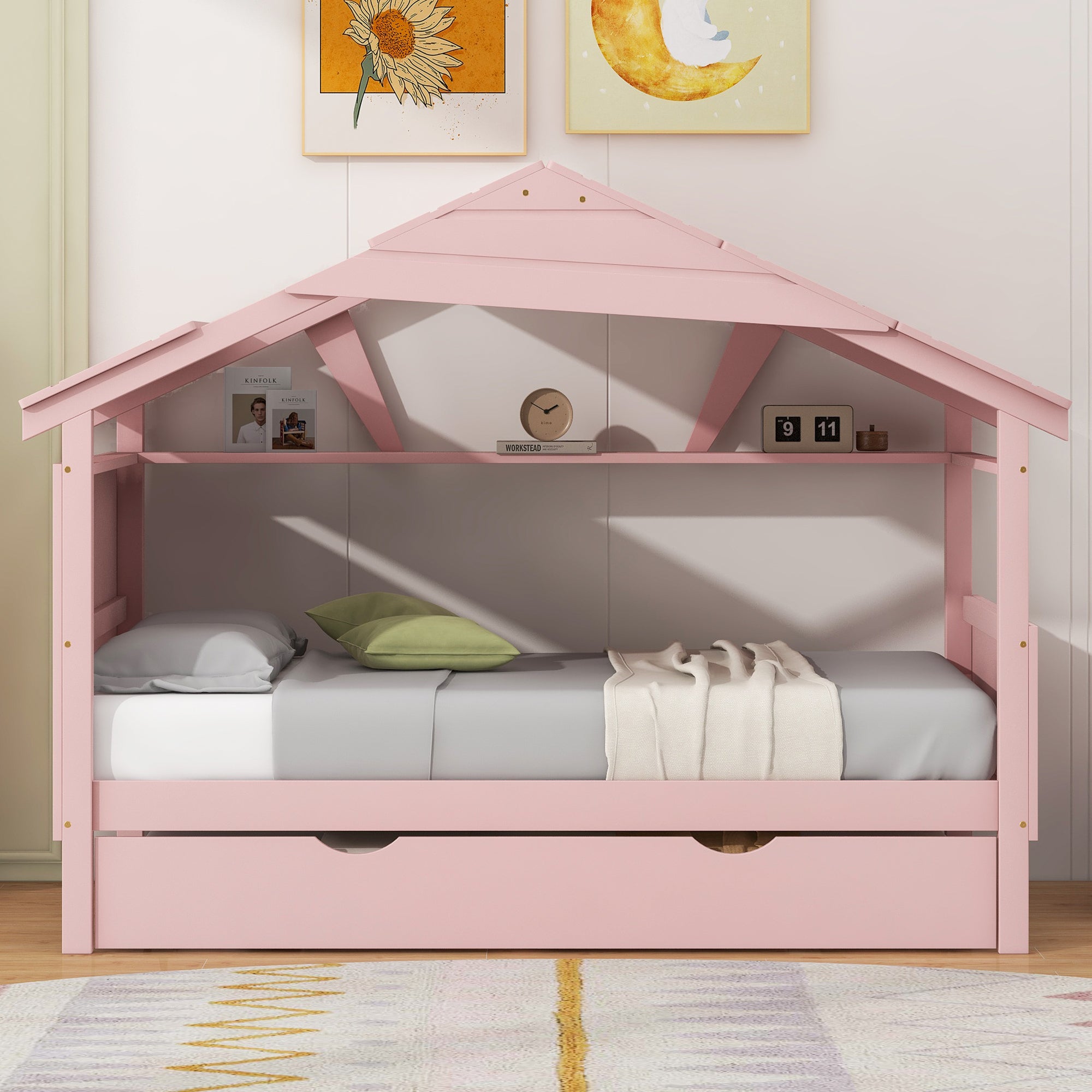 Wood Twin Size House Bed with Trundle and Storage, Pink - Atlantic Fine Furniture Melbourne FL