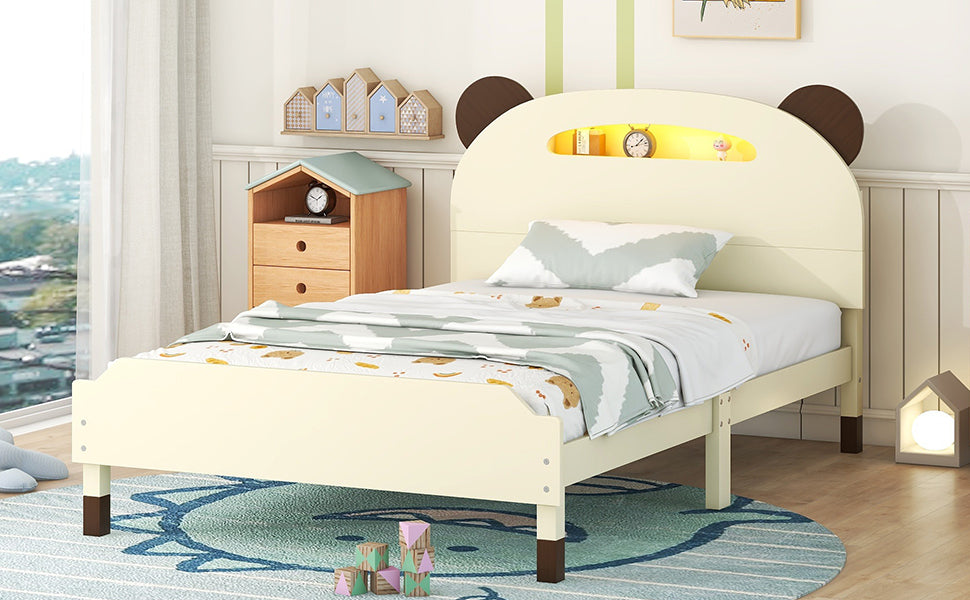 Twin Size Wood Platform Bed with Bear-shaped Headboard,Bed with Motion Activated Night Lights,Cream+Walnut - Atlantic Fine Furniture Melbourne FL