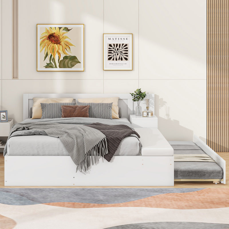 Full Size Wood Storage Hydraulic Platform Bed with Twin Size Trundle, Side Table and Lounge, White