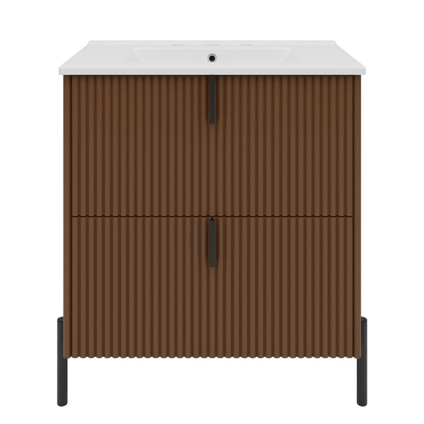 Fluted Bathroom Vanity With Ceramic Sink, Freestanding Design