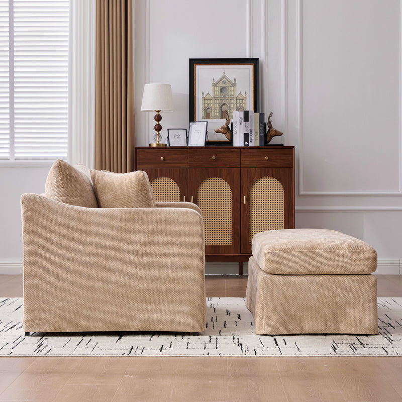 Accent Chair Wide With 2 Bolster Pillows, And Matching Ottoman