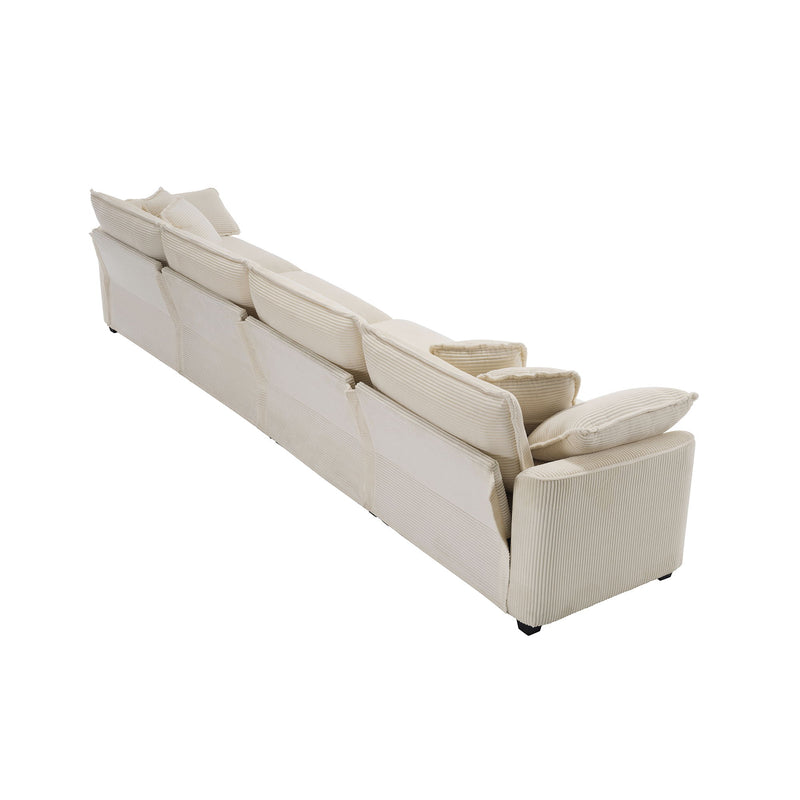 Modern Upholstered 4 Seater Corduroy Fabric Sofa With Arm And Throw Pillows