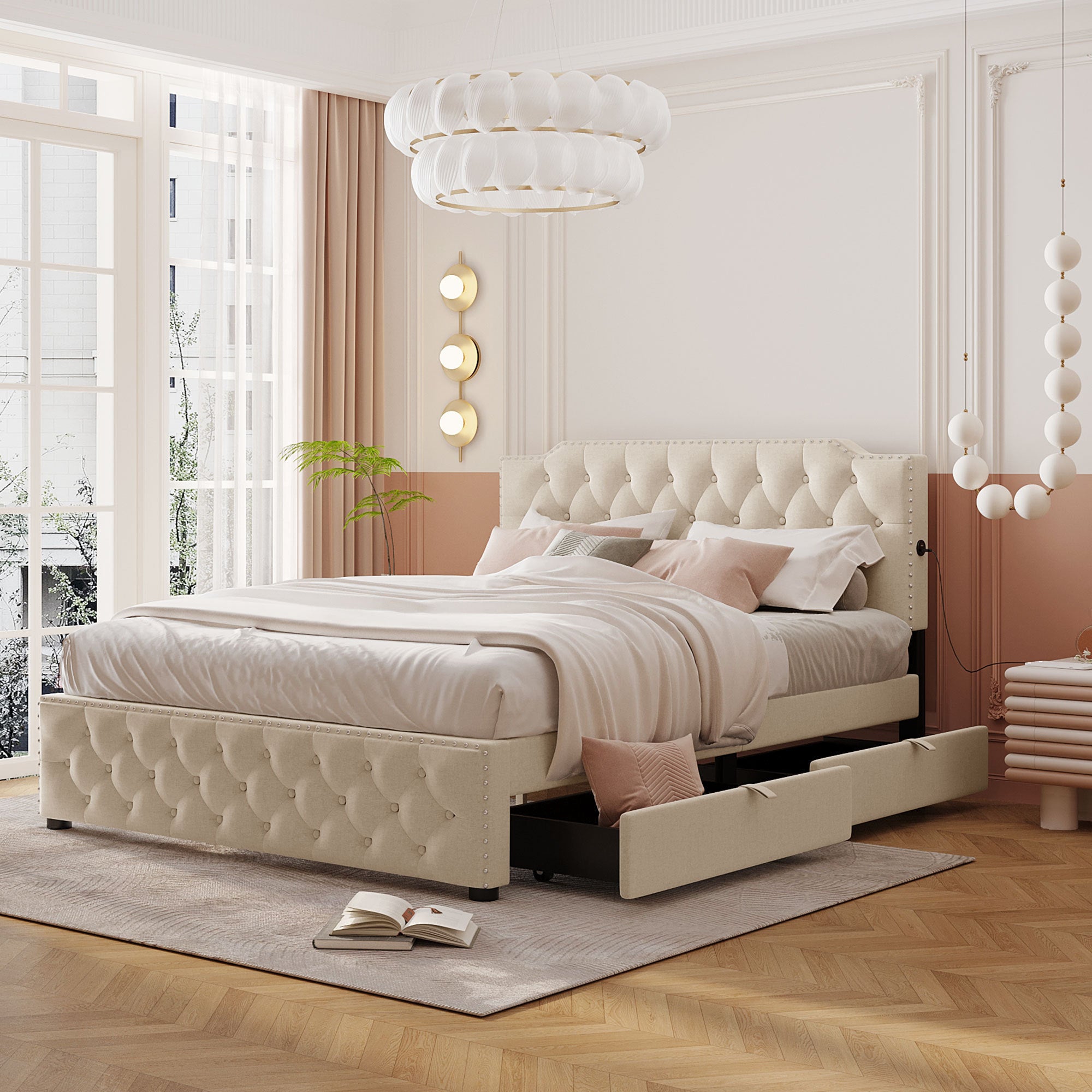 Queen Size Upholstered Platform Bed with 2 Drawers and 2 sets of USB Ports on each side, Linen Fabric, Beige - Atlantic Fine Furniture Melbourne FL