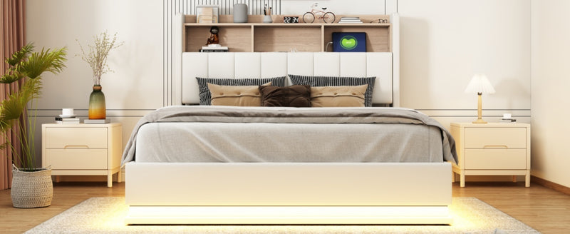 Queen Size  Upholstered Platform Bed with Storage Headboard and Hydraulic Storage System, PU Storage Bed with LED Lights and USB charger, White