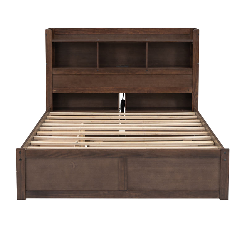 Full Size Storage Platform Bed with Pull Out Shelves, Twin Size Trundle and 2 Drawers, Espresso