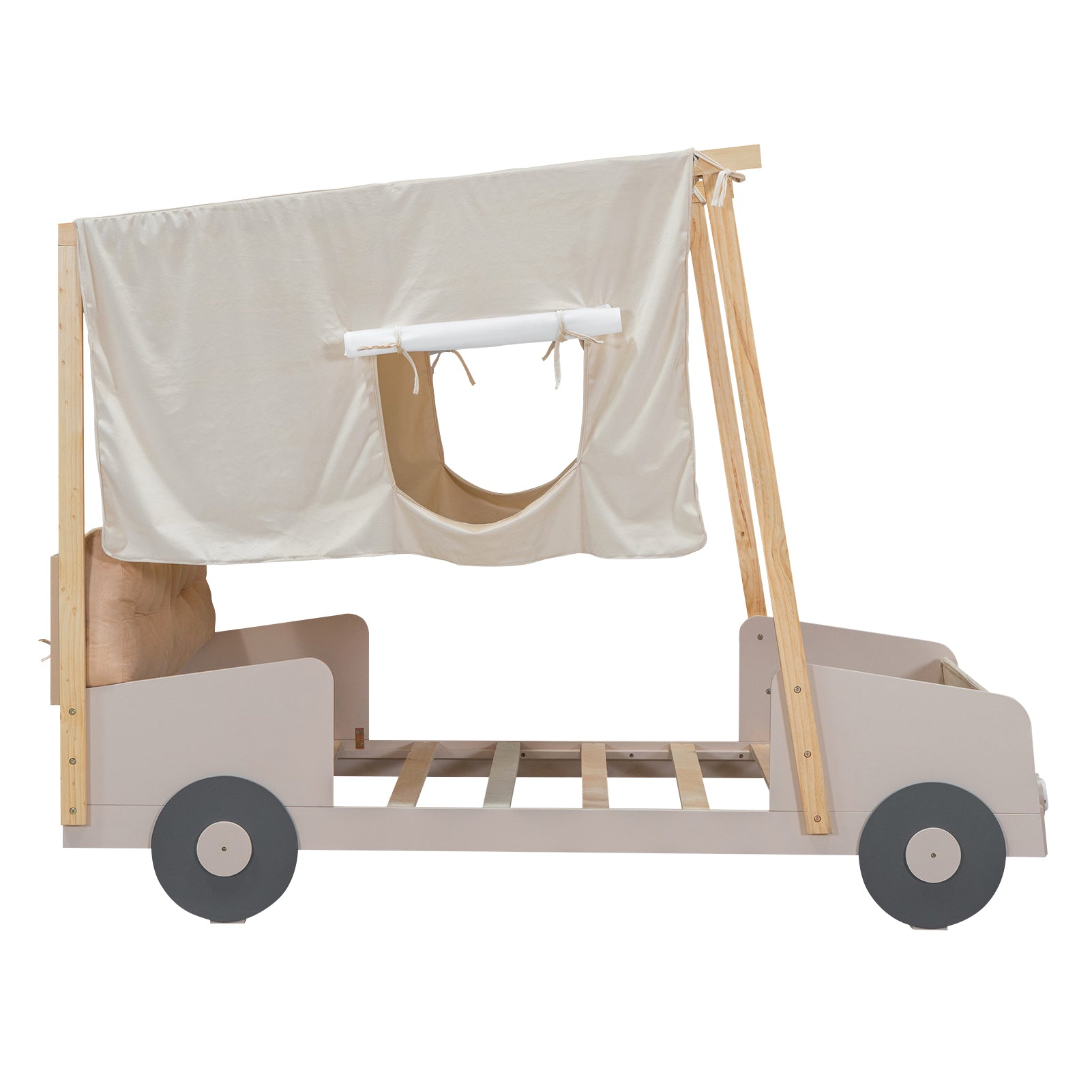 Wood Twin Size Car Bed with Pillow, Ceiling Cloth and LED, Natural - Atlantic Fine Furniture Melbourne FL
