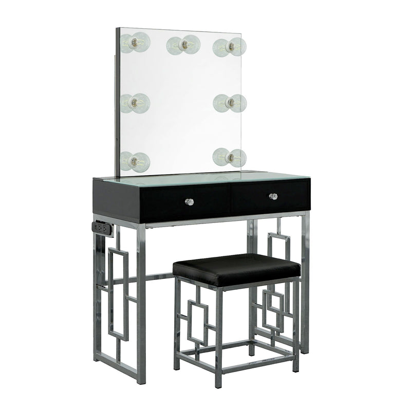 Margo - Vanity Table With Power / Mirror / Stool & Light - Chrome / Black