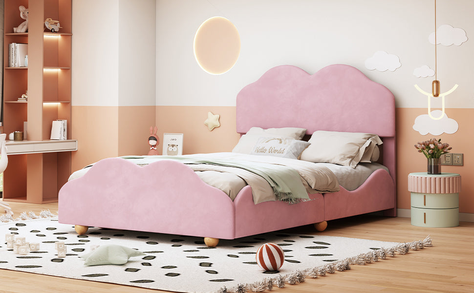 Full Size Upholstered Platform Bed with Cloud Shaped bed board, Light Pink - Atlantic Fine Furniture Melbourne FL