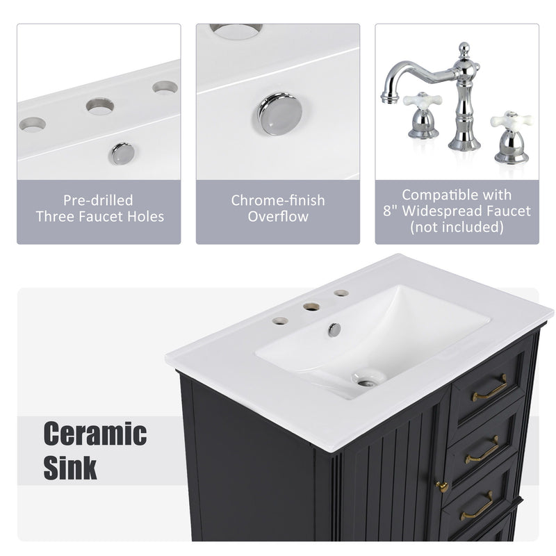 30" Bathroom Vanity With Sink, 3 Drawers, Adjustable Feet