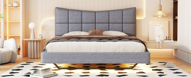 Full Size Upholstered Platform Bed With LED Lights, USB Ports And Outlets - Gray