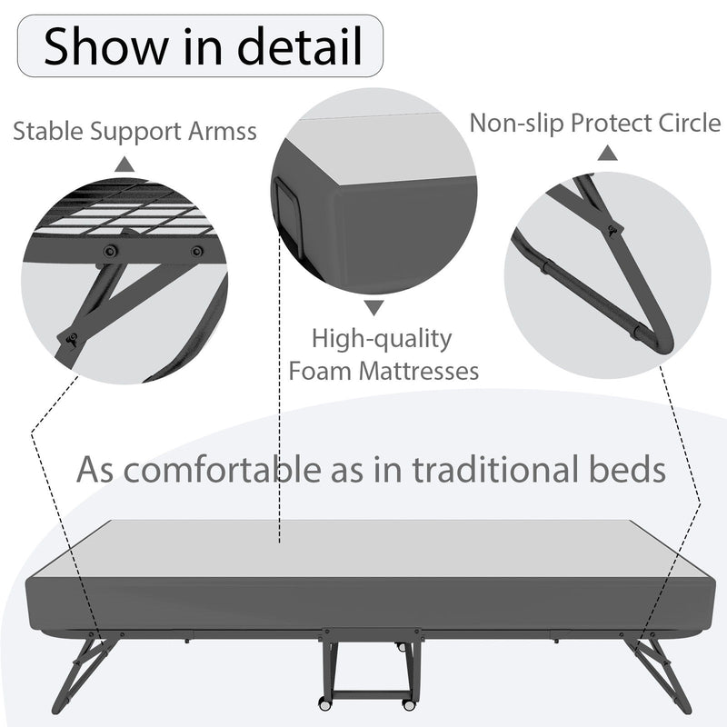 Deluxe - Twin Size Diplomat Folding Bed, Luxurious Memory Foam Mattress And Sturdy - White / Black