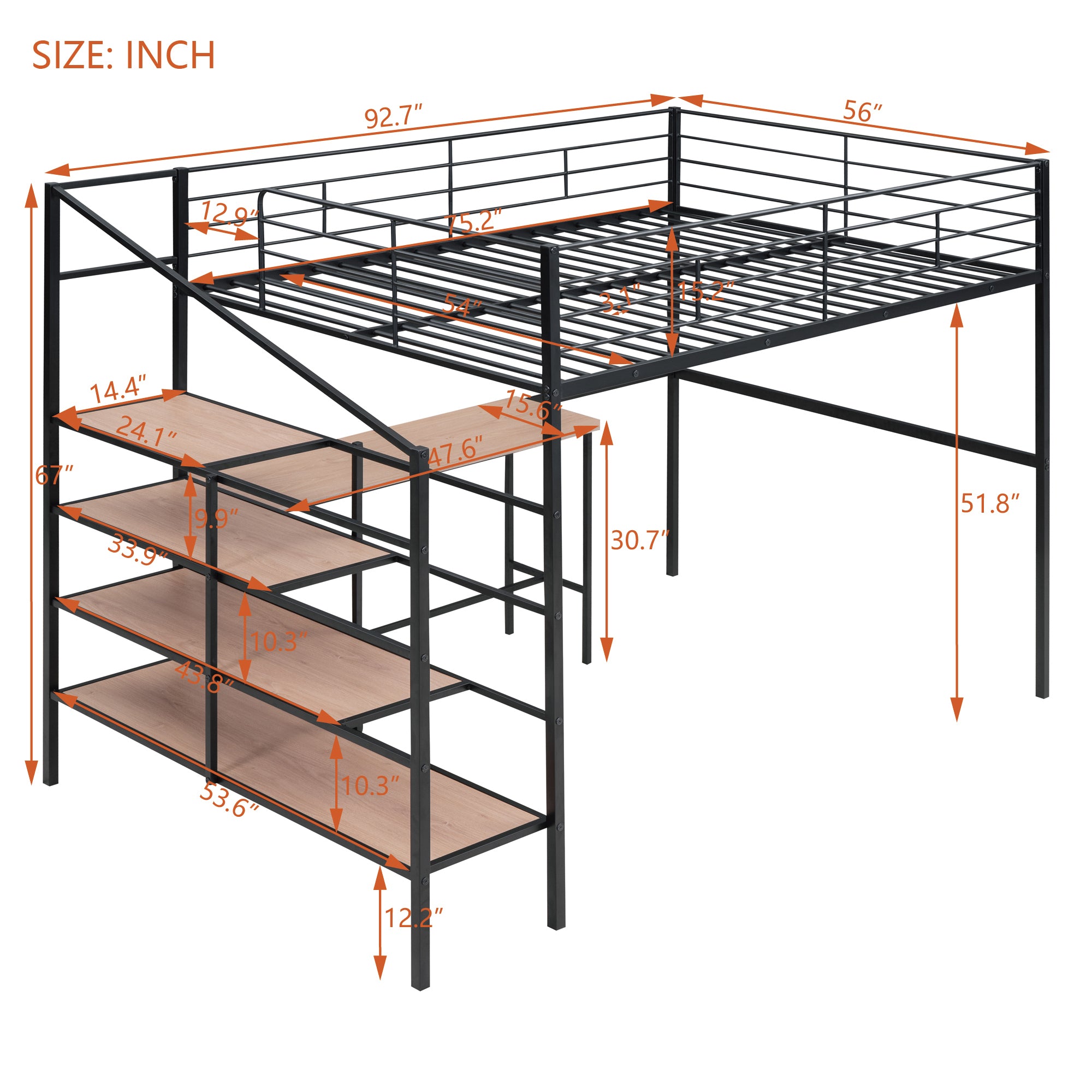 Full Size Metal Loft Bed with Desk and Lateral Storage Ladder, Black - Atlantic Fine Furniture Melbourne FL