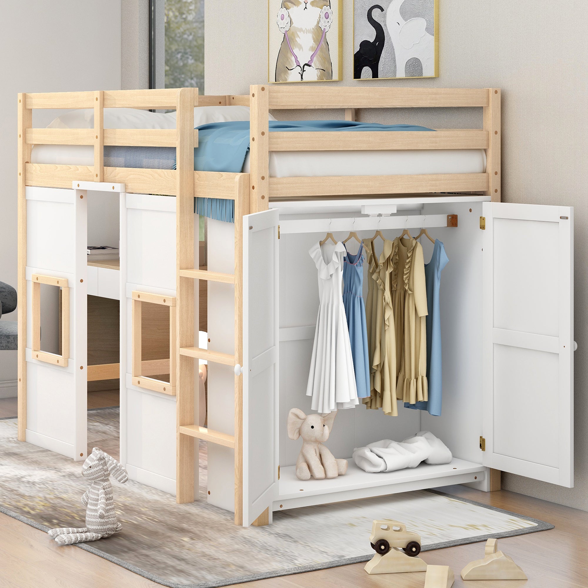 Wood Twin Size Loft Bed with Built-in Storage Wardrobe and 2 Windows, Natural/White - Atlantic Fine Furniture Melbourne FL