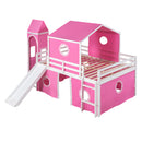 Full Size Bunk Bed with Slide Pink Tent and Tower - Pink