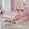 Bed With Headboard Storage Rack, 2 Under Bed Drawers, 3 Side Guardrails For Safety