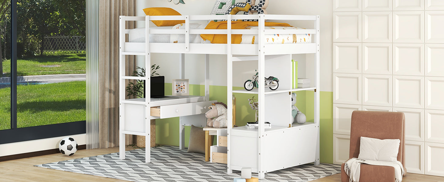 Twin  Size Loft Bed with Built-in Desk with Two Drawers, and Storage Shelves and Drawers,White - Atlantic Fine Furniture Melbourne FL