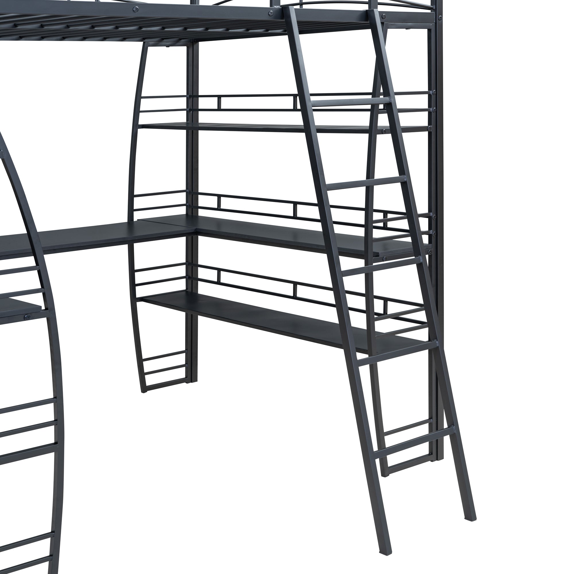 Full Size Loft Bed with 4 Layers of Shelves and L-shaped Desk, Stylish Metal Frame Bed with a set of Sockets, USB Ports and Wireless Charging, Black - Atlantic Fine Furniture Melbourne FL