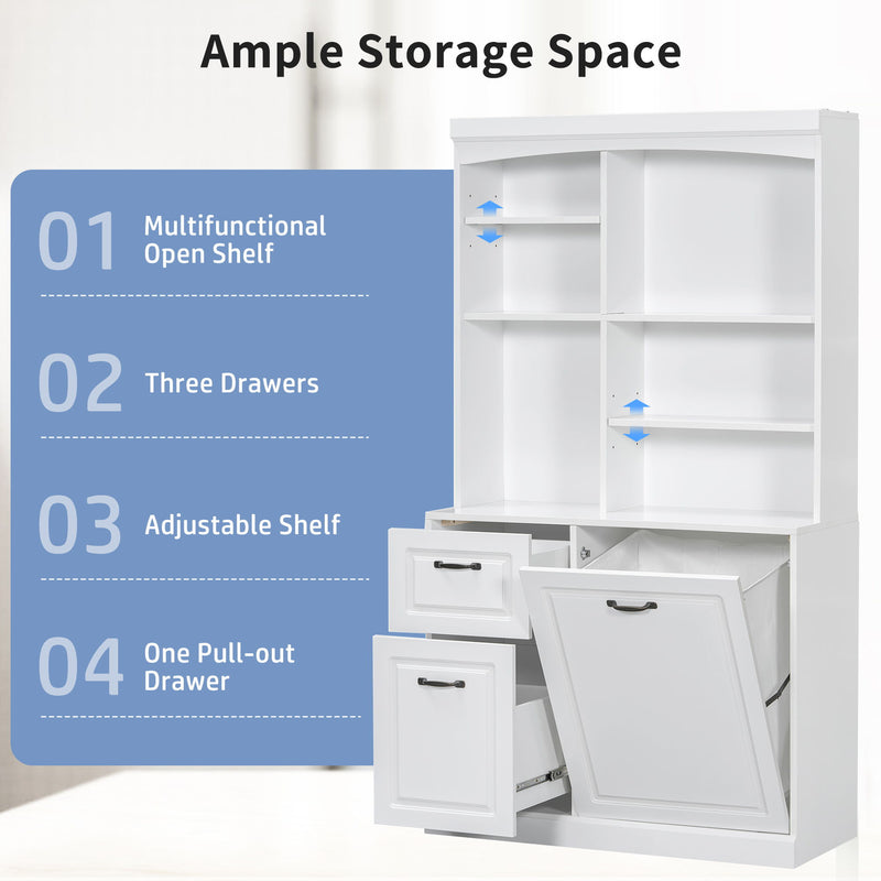 Bathroom Storage Cabinet With Tilt Out Hamper, Tall Free Standing Organizer With Drawers & Adjustable Shelves, Linen Tower With Steel Handles - White