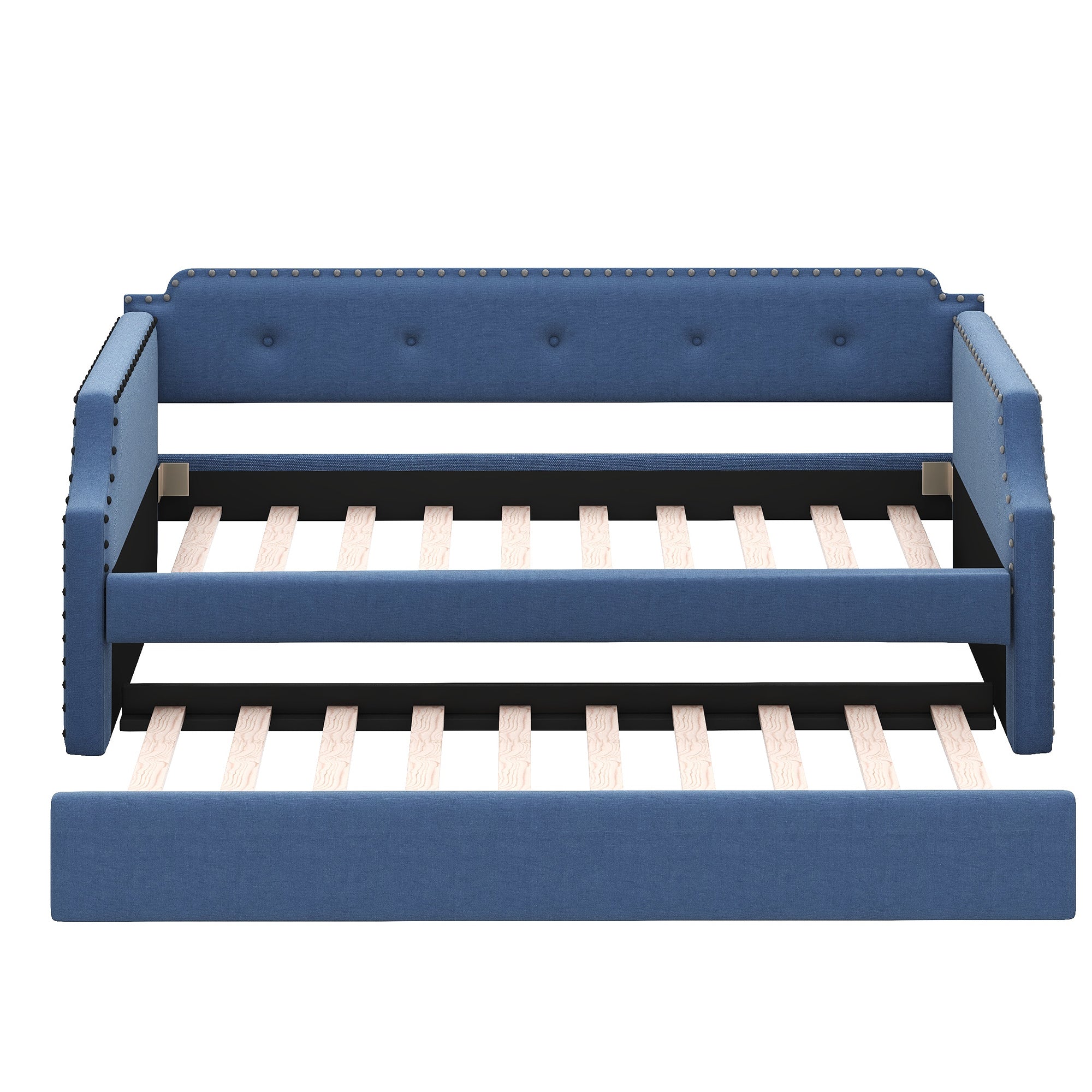 Upholstered Daybed with Trundle, Wood Slat Support,Upholstered Frame Sofa Bed , Twin,Blue - Atlantic Fine Furniture Melbourne FL