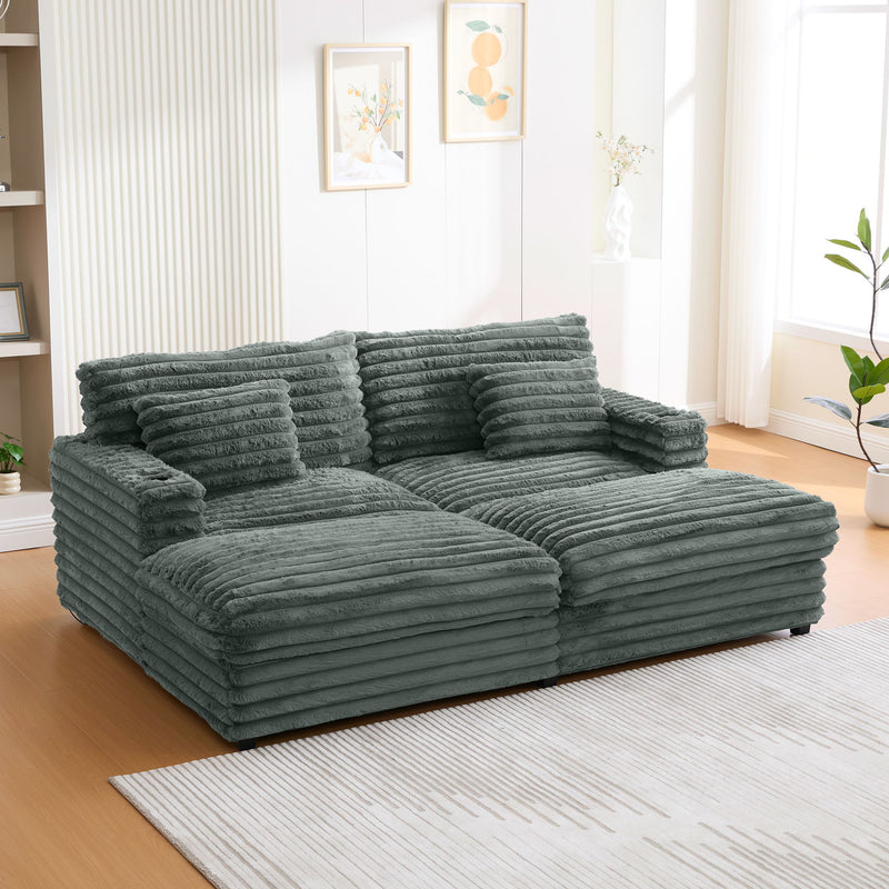 Plush Oversized Double Chaise Lounge Sofa Bed With USB Ports And Cup Holders