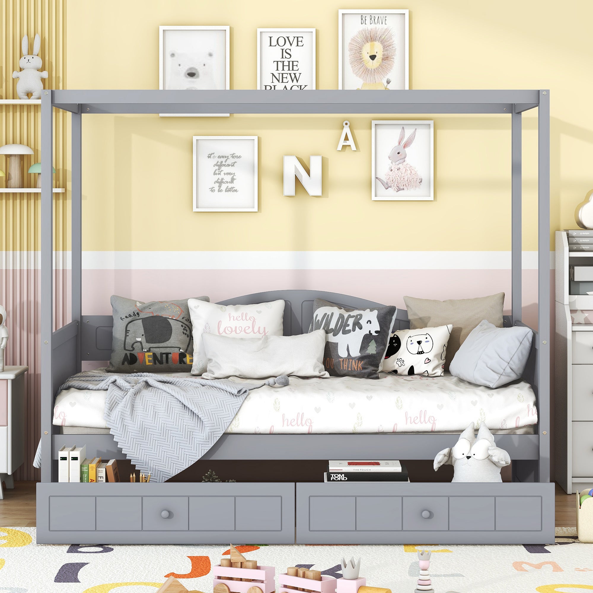 Twin Size Canopy Day Bed with 2 Drawers, Gray - Atlantic Fine Furniture Melbourne FL