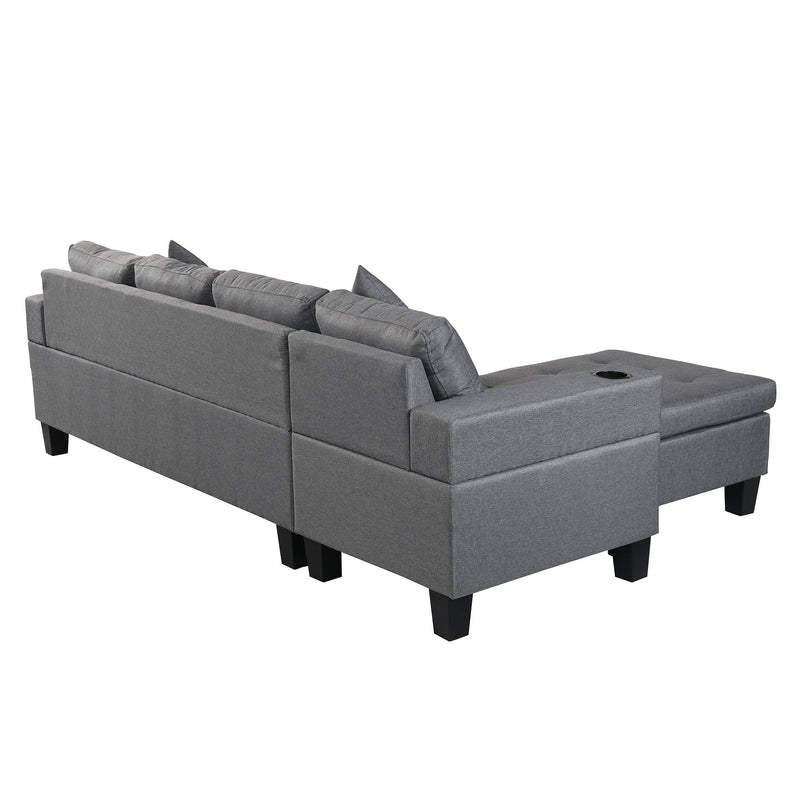Modern Sectional Sofa Set With L Shape Chaise Lounge, Cup Holder, 4 Seat - Gray