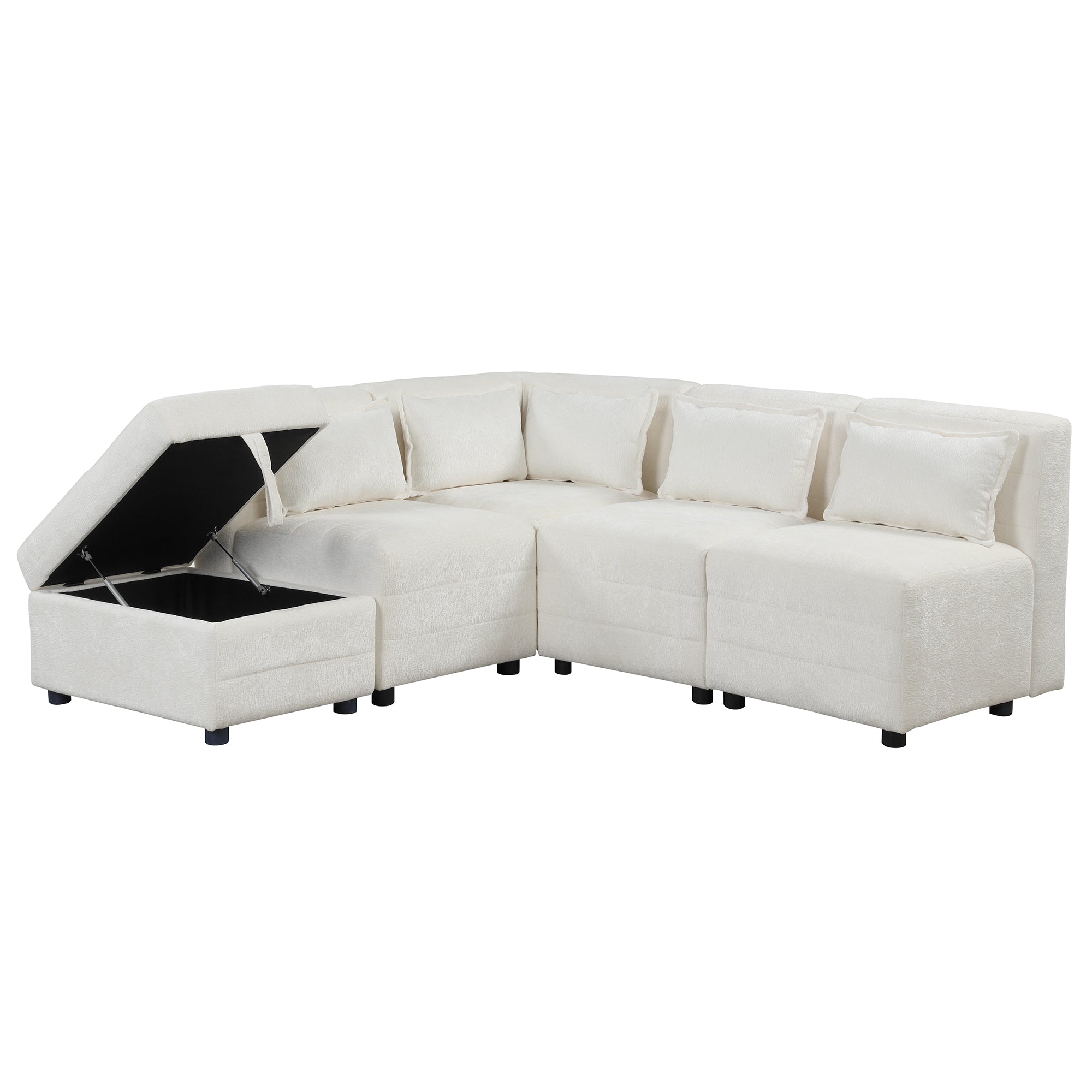 Free-Combined Sectional Sofa 5-seater Modular Couches with Storage Ottoman, 5 Pillows for Living Room, Bedroom, Office, Cream