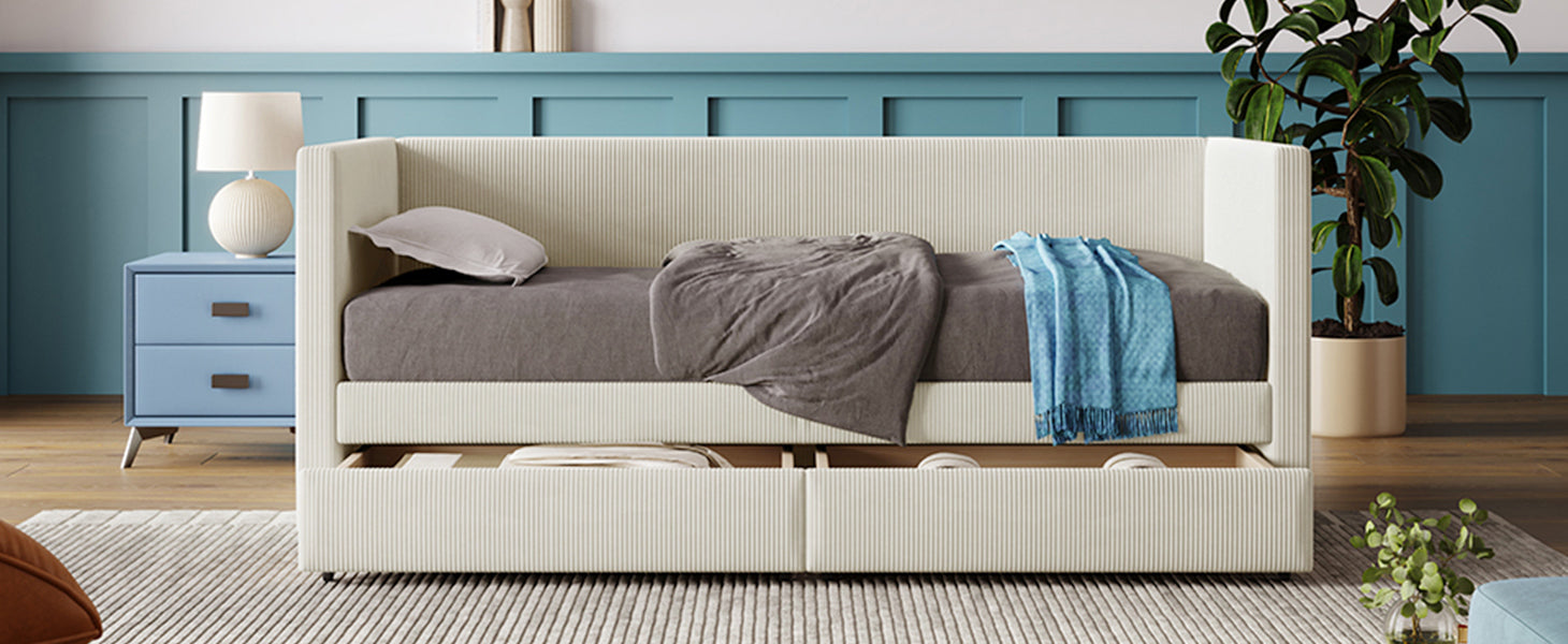 Twin Size Corduroy Daybed with Two Drawers and Wood Slat, Beige - Atlantic Fine Furniture Melbourne FL