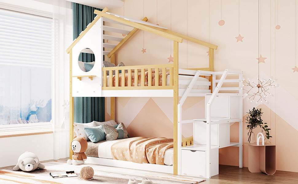 Stairway Twin-Over-Twin Bunk Bed,House Bed,Storage and Guard Rail,Natural Bed +White Stair(OLD SKU :LT000308AAK) - Atlantic Fine Furniture Melbourne FL
