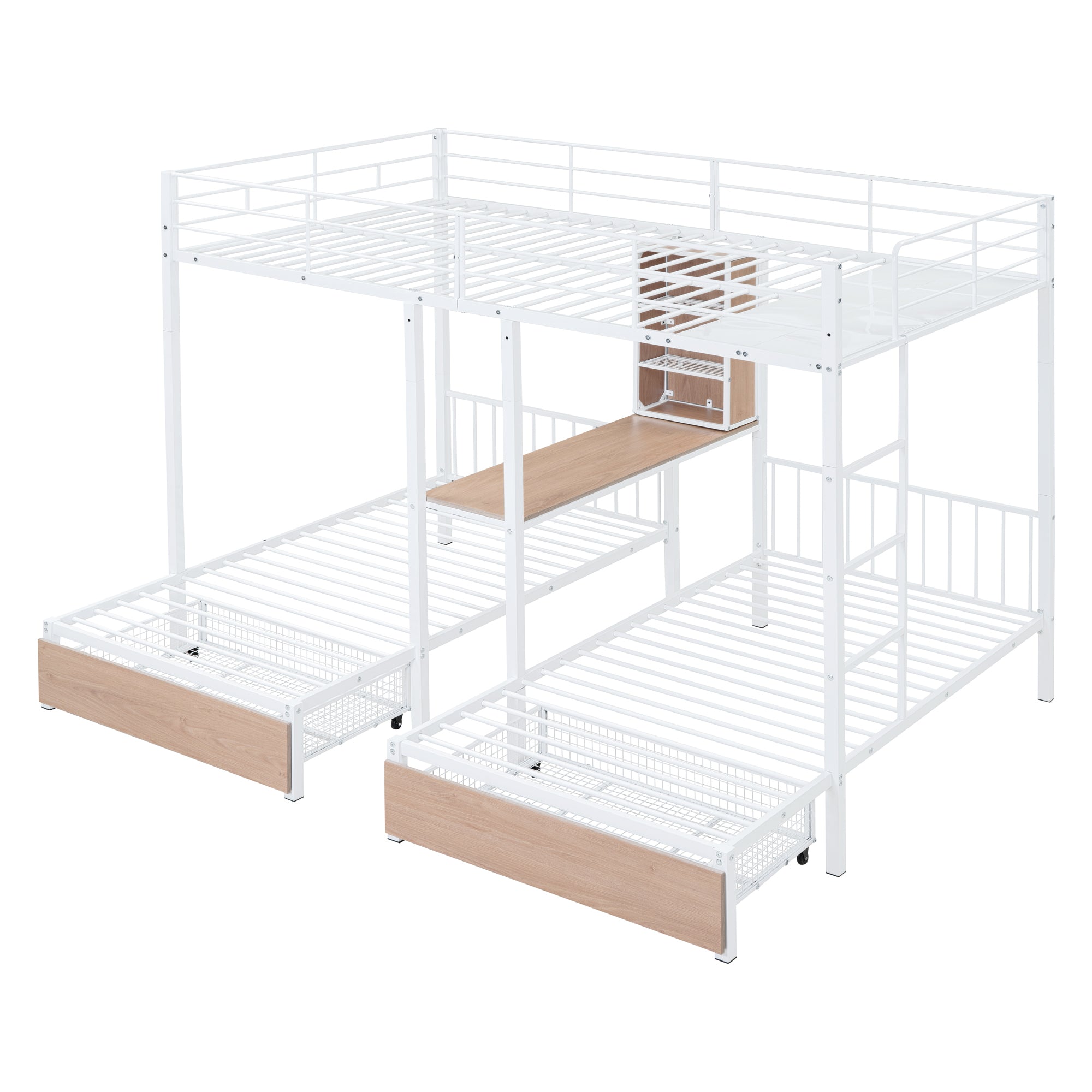 Full Over Twin & Twin Triple Bunk Bed with Drawers, Multi-functional Metal Frame Bed with desks and shelves in the middle, White - Atlantic Fine Furniture Melbourne FL