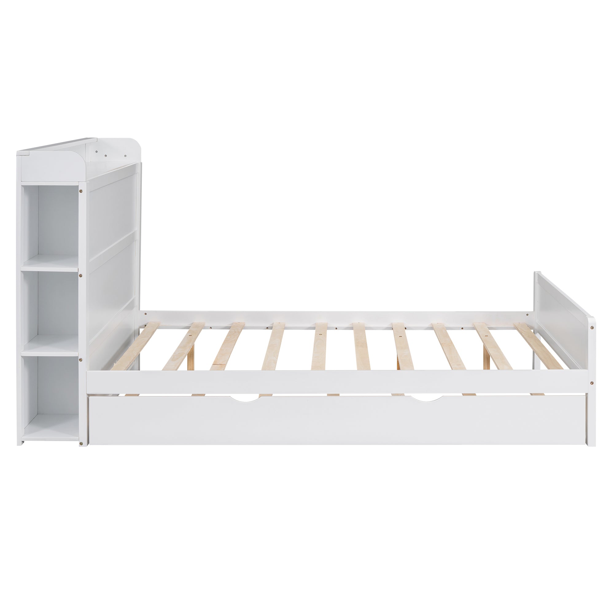 Full Size Platform Bed with Storage Headboard and Twin Size Trundle, White - Atlantic Fine Furniture Melbourne FL