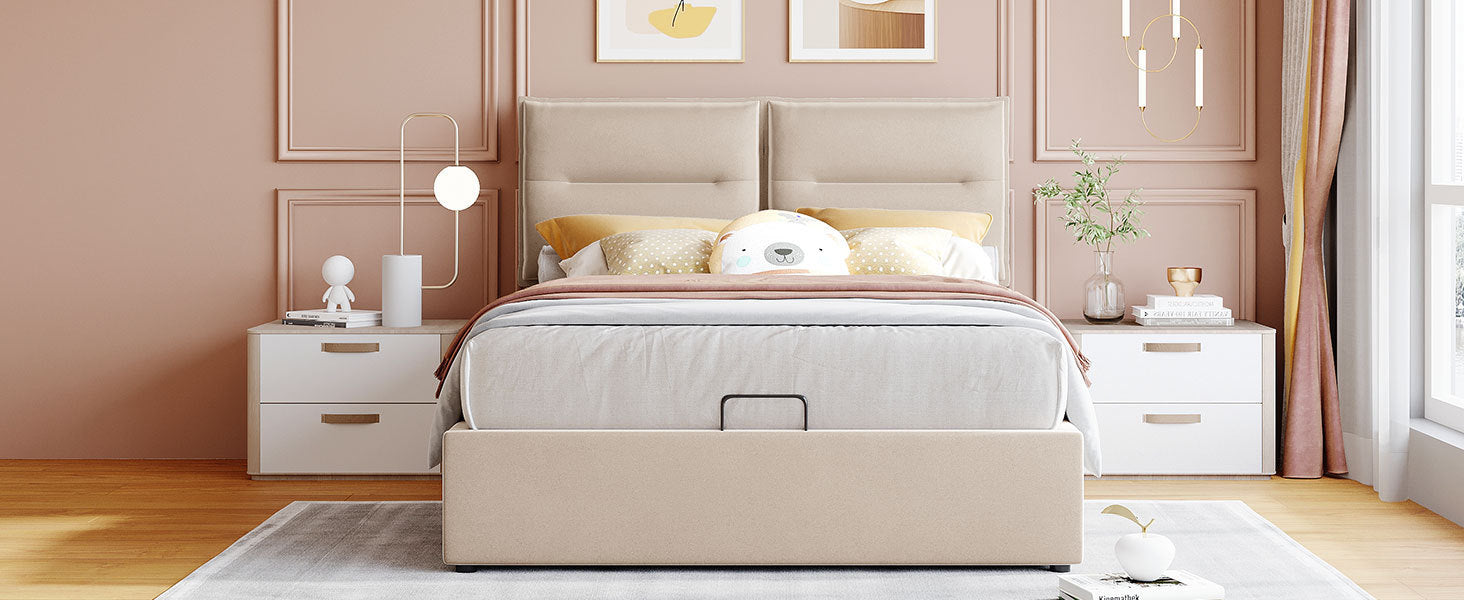 Upholstered Platform bed with a Hydraulic Storage System, Full size, Beige - Atlantic Fine Furniture Melbourne FL