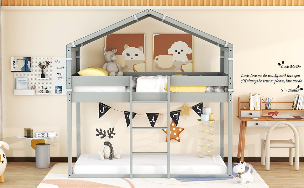 Twin Over Twin Bunk Bed Wood Bed with Tent, Gray - Atlantic Fine Furniture Melbourne FL