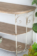 3 Tiered Wooden Shelving Unit With Ornate Iron Frame - Multicolor