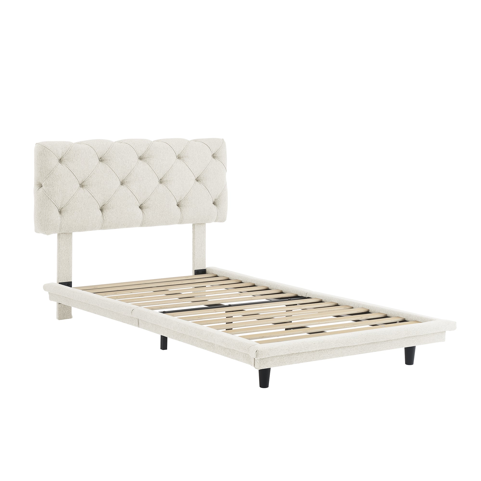 Twin Size Upholstered Bed with Light Stripe, Floating Platform Bed, Linen Fabric,Beige - Atlantic Fine Furniture Melbourne FL