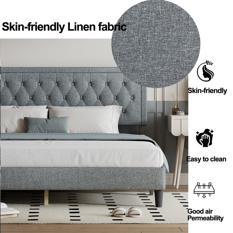 King size Panel Bed Frame with Adjustable Button-Tufted Headboard for Bedroom/Linen Upholstered/Wood Slat Support/Easy Assembly,Light Grey