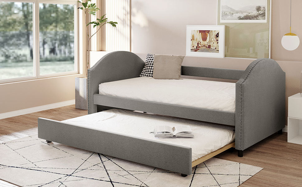 Full size Upholstered Daybed with Twin Size Trundle, Wood Slat Support, Gray(OLD SKU :LP000118AAE)