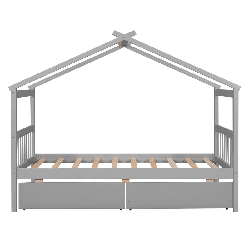 Twin Size Wooden House Bed with Drawers, Gray