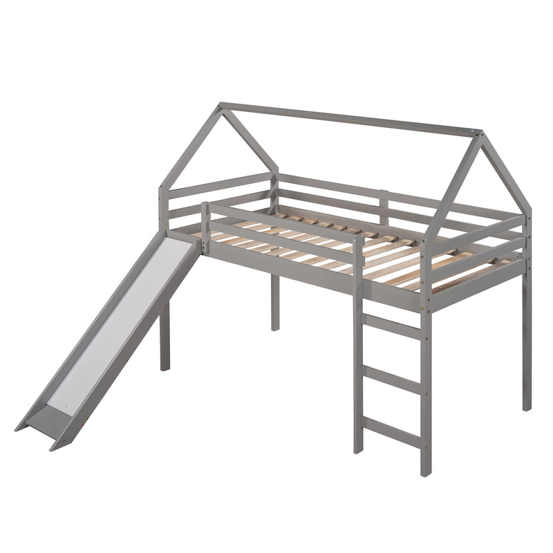 Twin Size House Loft Bed With Slide - Gray