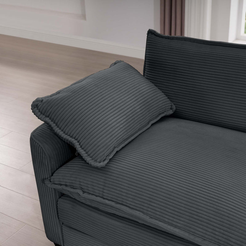 Modern Upholstered 4 Seater Corduroy Fabric Sofa With Arm And Throw Pillows