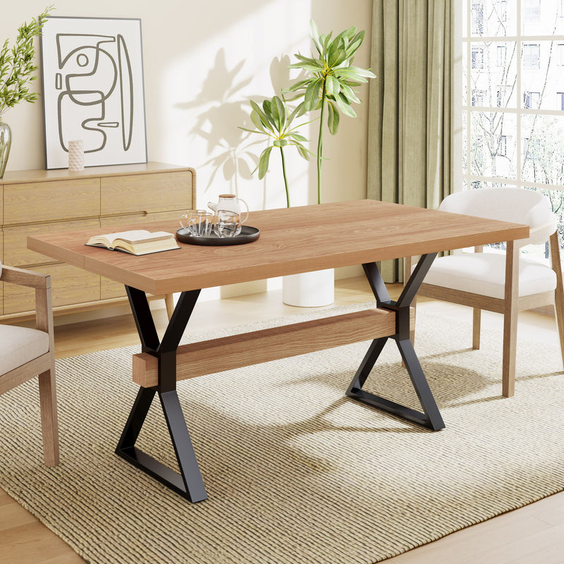 Farmhouse Style X Shaped Legs Dining Table With Metal - Natural