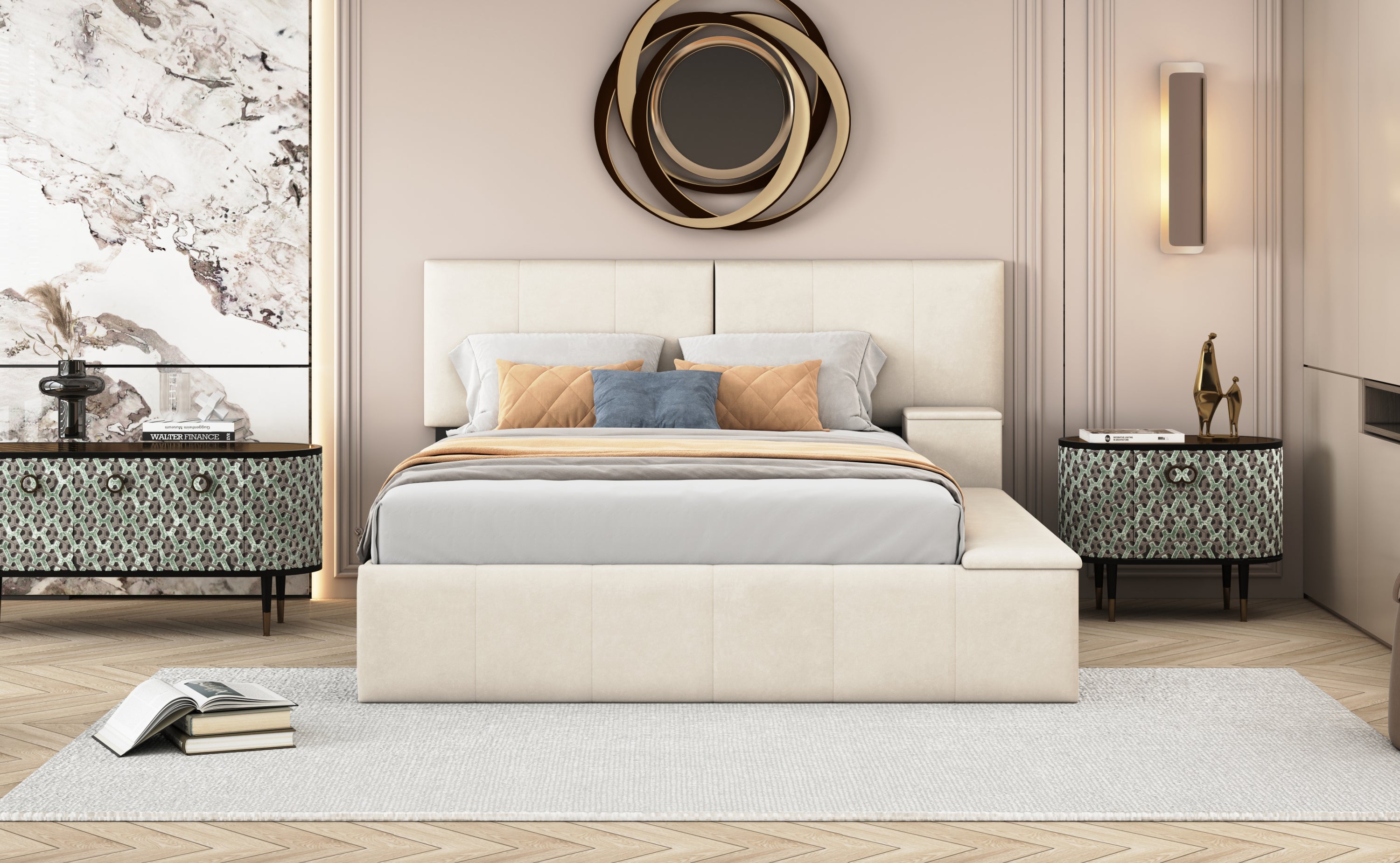Queen Size Upholstered Platform Bed with Lateral Storage Compartments and Thick Fabric, Velvet, Beige - Atlantic Fine Furniture Melbourne FL