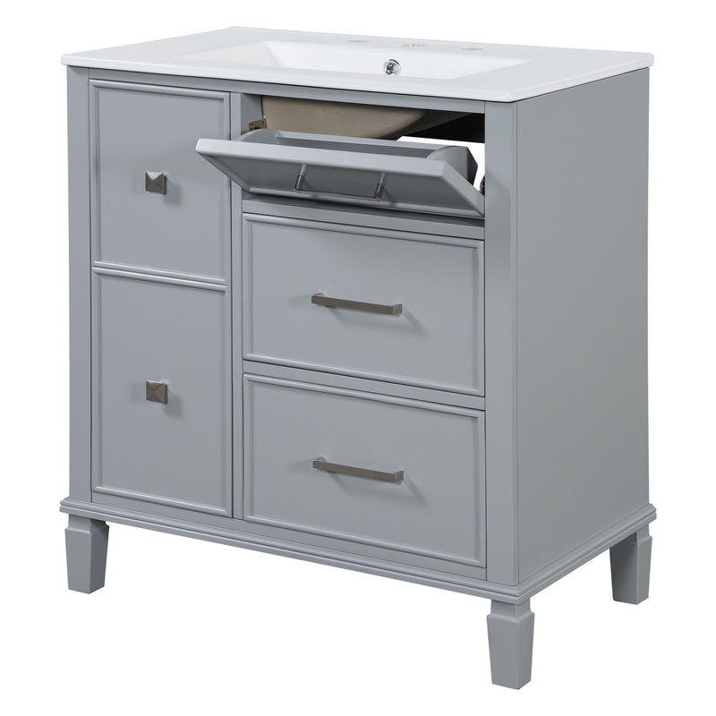 Bathroom Vanity With Ceramic Sink, Flip Out Drawer Design For Plumbing, Soft Close Drawers