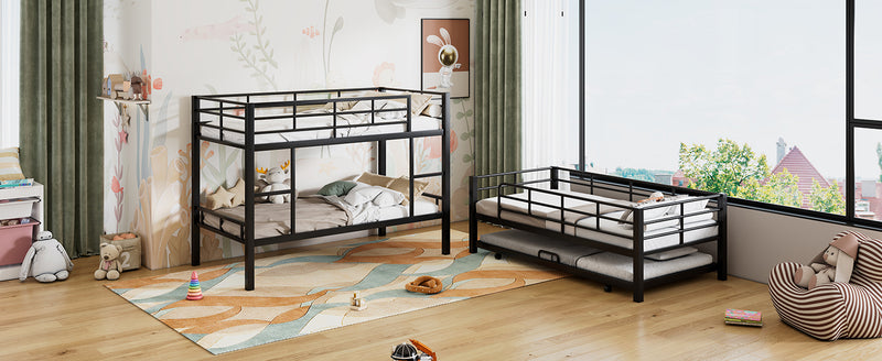 Metal Twin Size Triple Bunk Bed With Trundle, Black